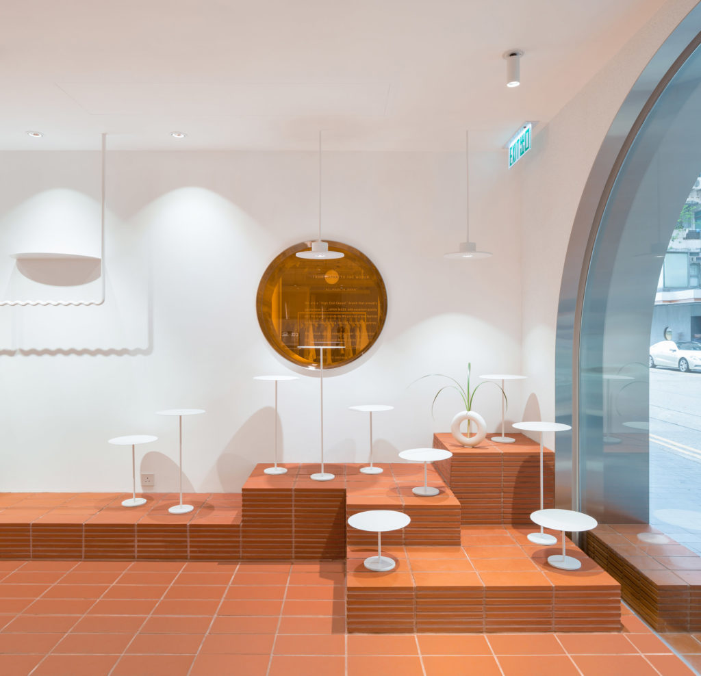 orange tiles and white table